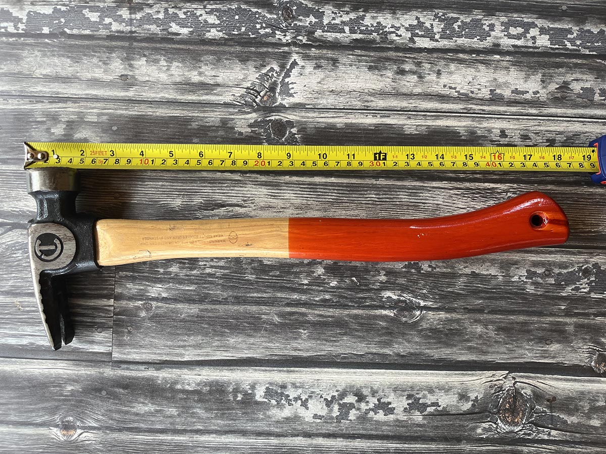 Crescent framing hammer length shown with tape measure