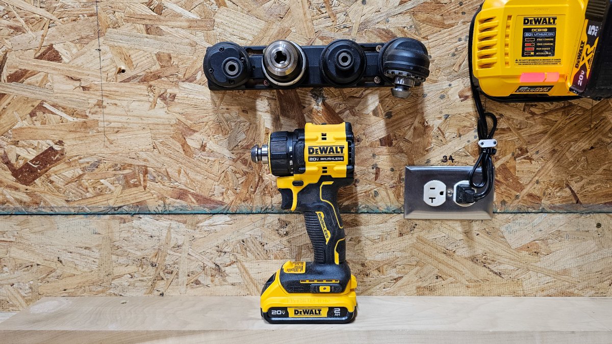DeWalt multi-head drill withwall-mount attachment holder