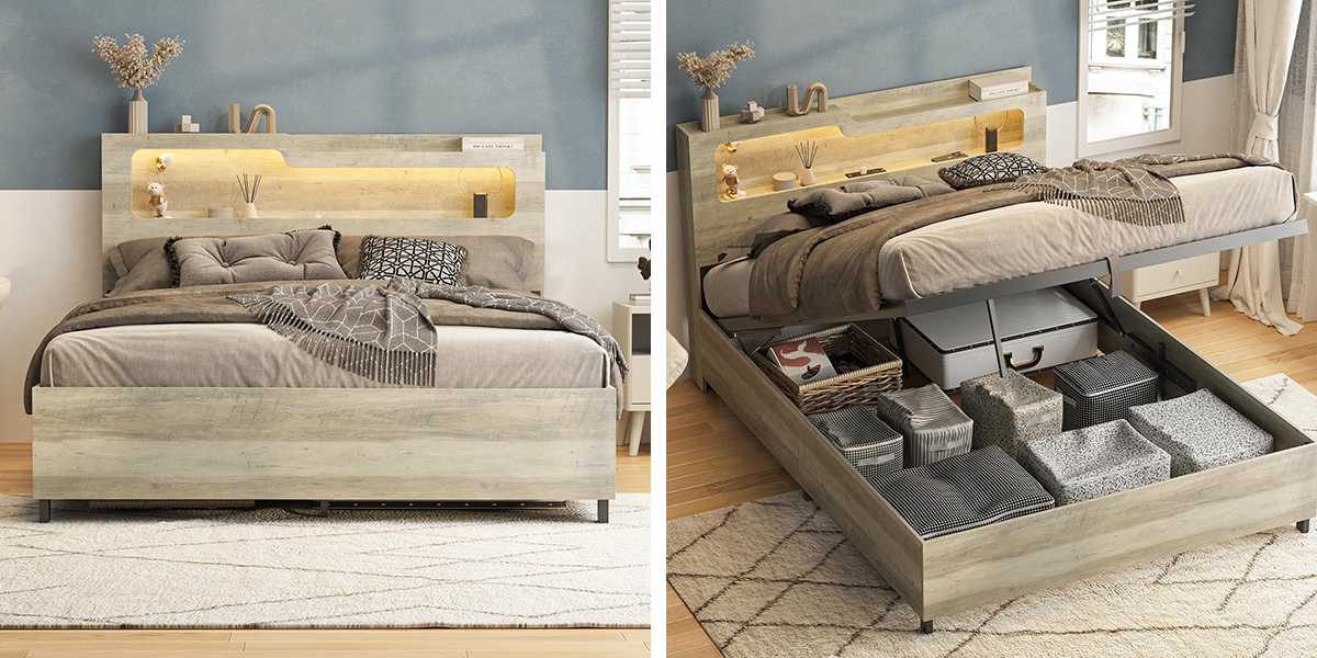 A queen-size bed with hidden underbed storage compartment.