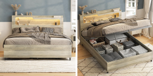 A queen-size bed with hidden underbed storage compartment.