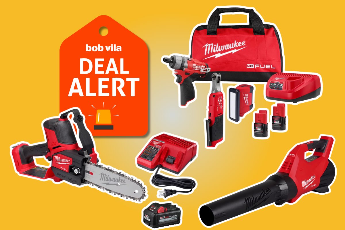 Milwaukee tools on major sale at Ace Hardware include a brushless drill and driver set, a hatchet pruning saw, and a leaf blower