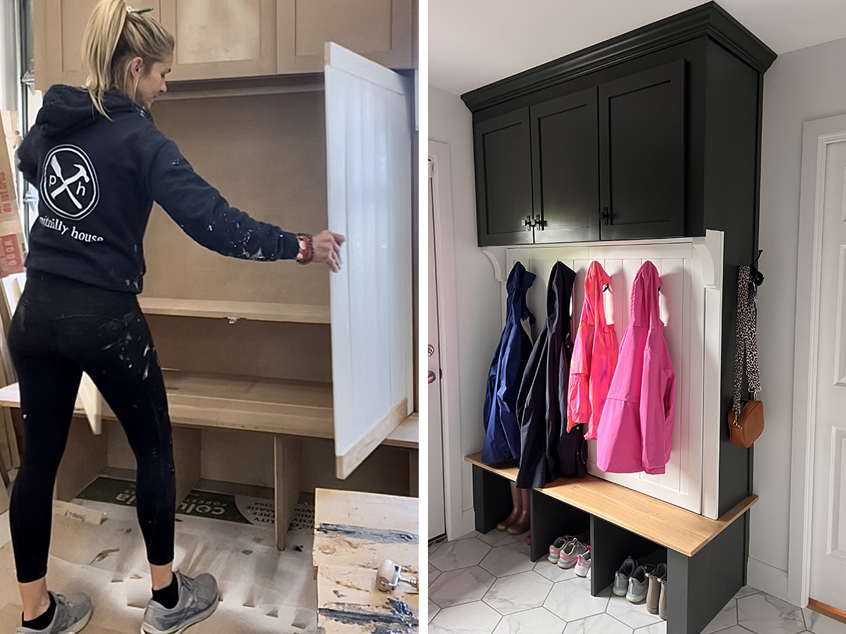 Pitmilly house pro Kiersten Brien opening doors on a hidden storage unit for a mud room.