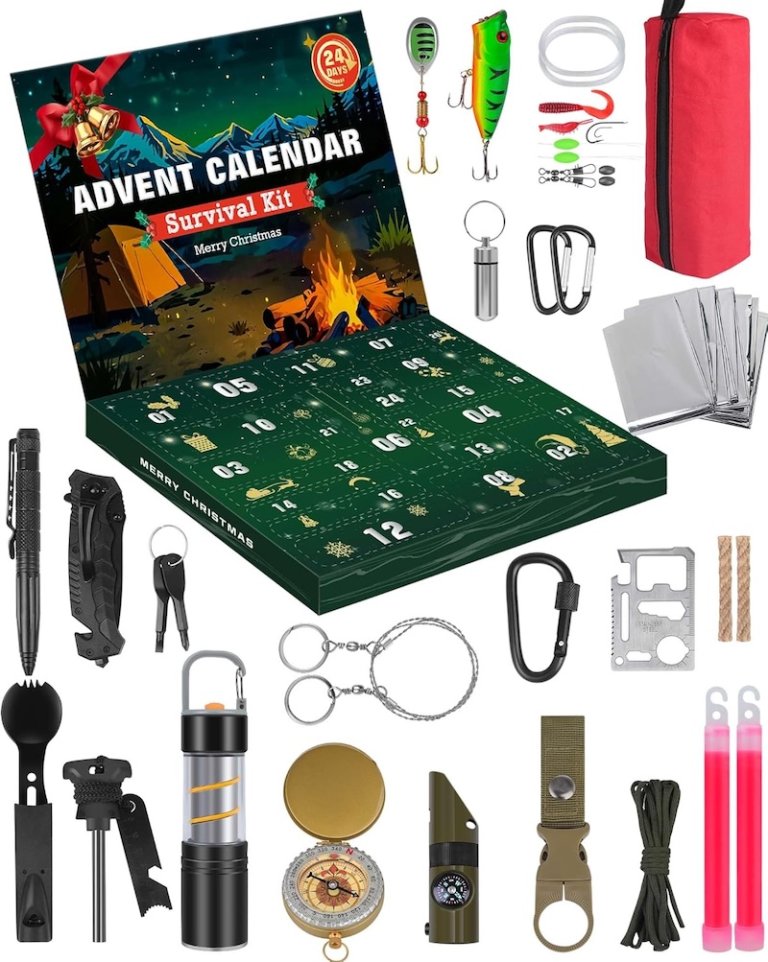 Ronstone Survival Advent Calendar on a white background with all the pieces spread around the open box.
