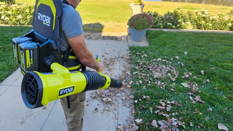 Ryobi leaf blower backpack in use