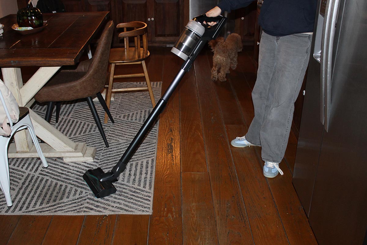 Samsung Bespoke vacuuming an area rug