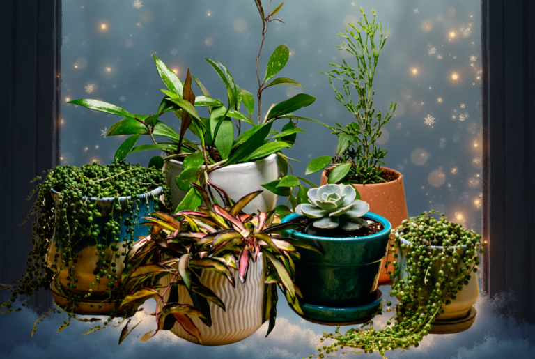 Houseplants with snow falling in the background for winter care