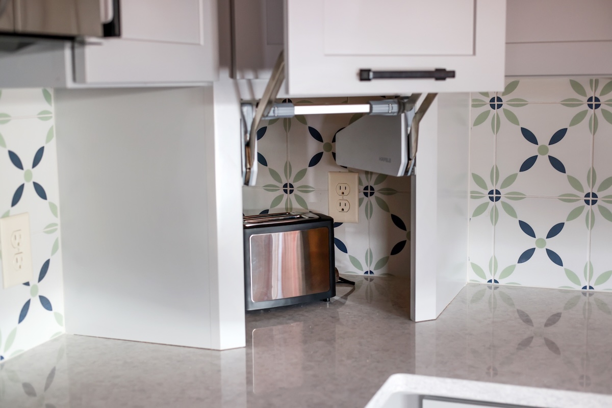 An appliance garage cabinet upgrade in a kitchen.