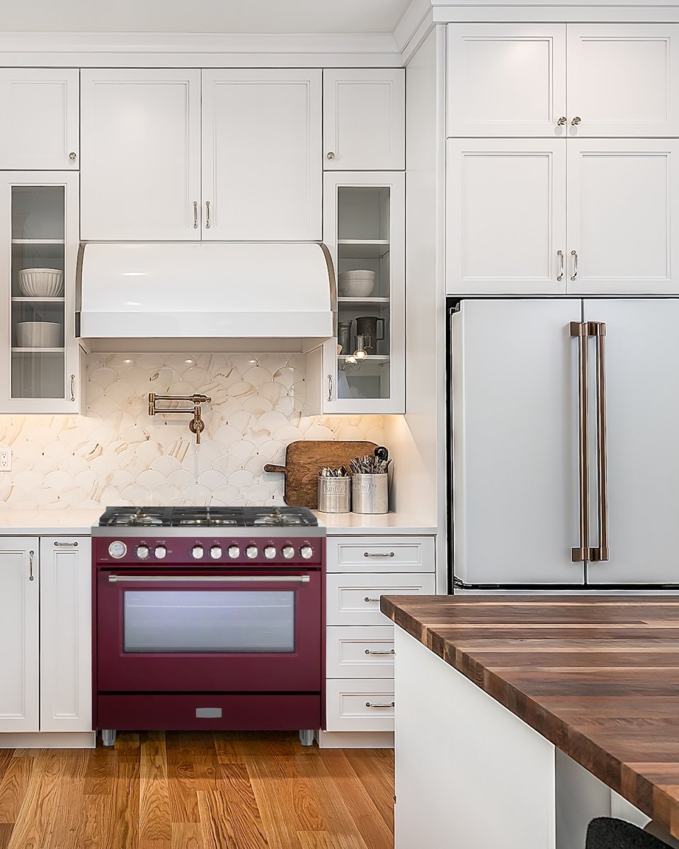 A red Verona range installed in a modern kitchen.