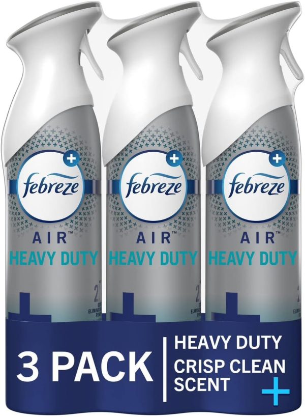 3-pack of Febreze Heavy Duty spray on a white background.