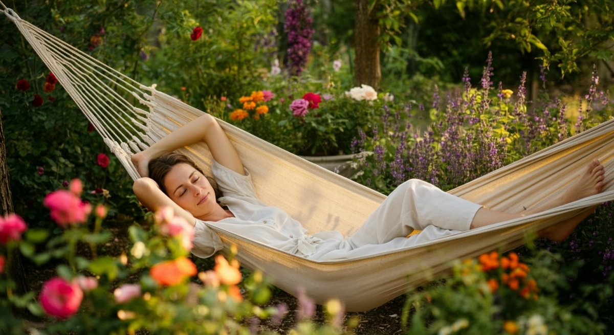 Woman relaxing on a hammock in her flower garden.