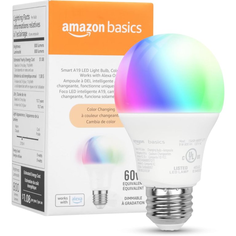 Amazon Basics Smart A19 LED Light Bulb, Color Changing