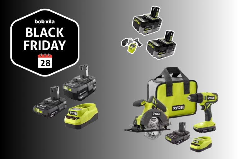 Multiple Ryobi tools, batteries and chargers on a gray background.