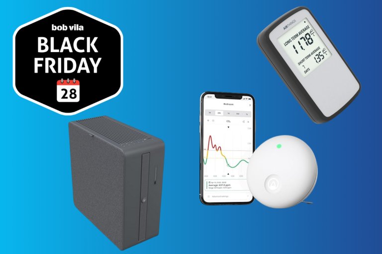 Three Airthings products on a blue background