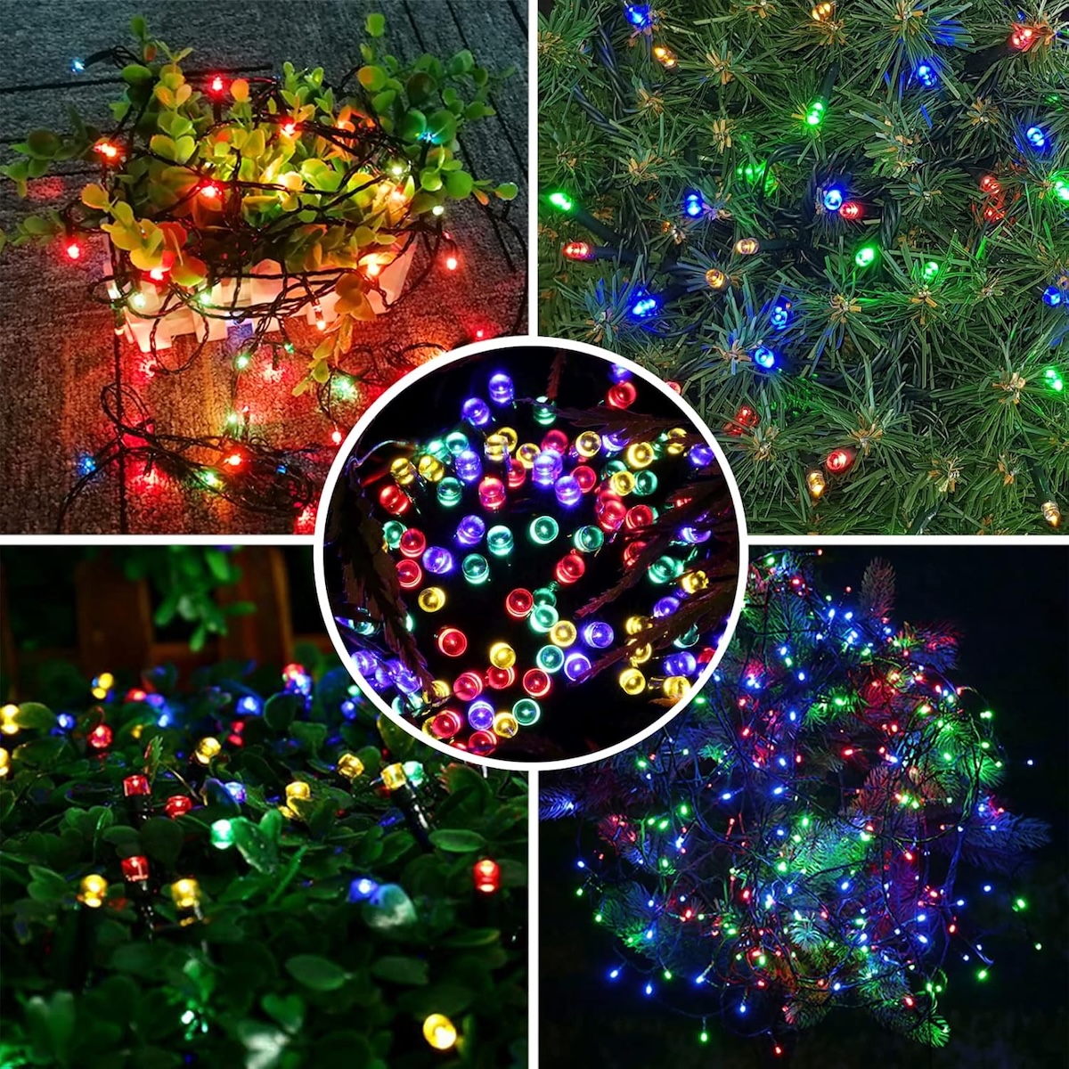 BHCLIGHT LED multicolor fairy lights in five different scenarios.