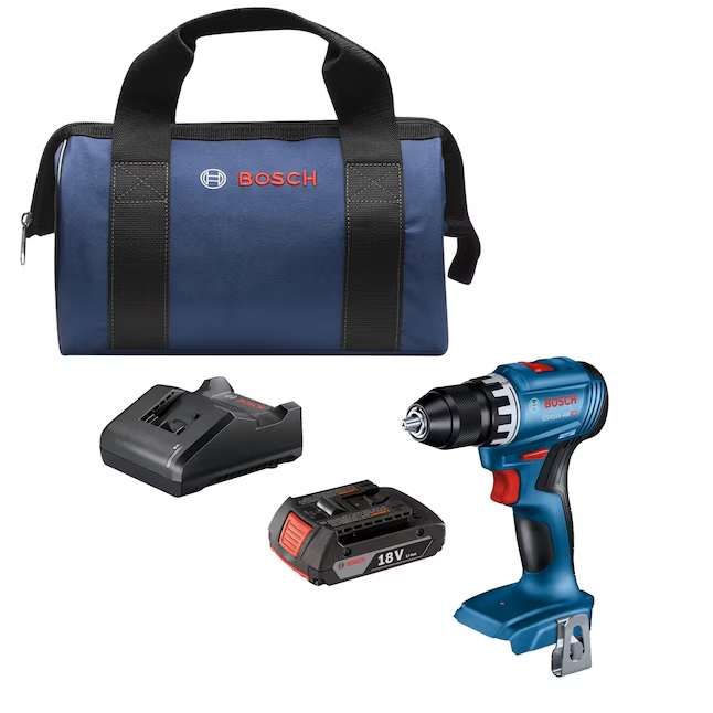 A Bosch drill, battery, charger and bag on a white background