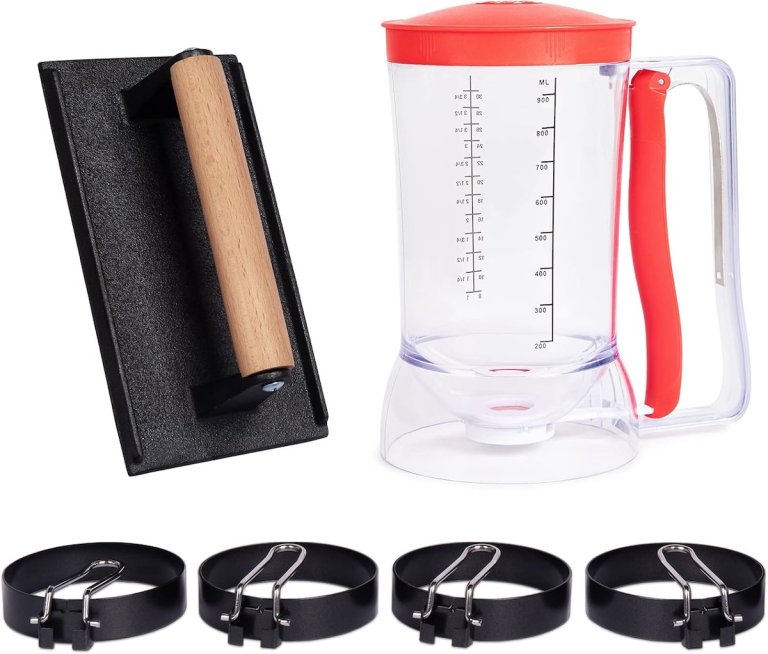 Breakfast griddle kit, including a batter pitcher, and egg rings, and a bacon press.