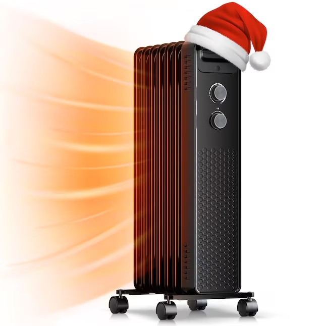 COWSAR 1500W Oil-Filled Radiant Tower Heater on a white background wearing a Santa hat