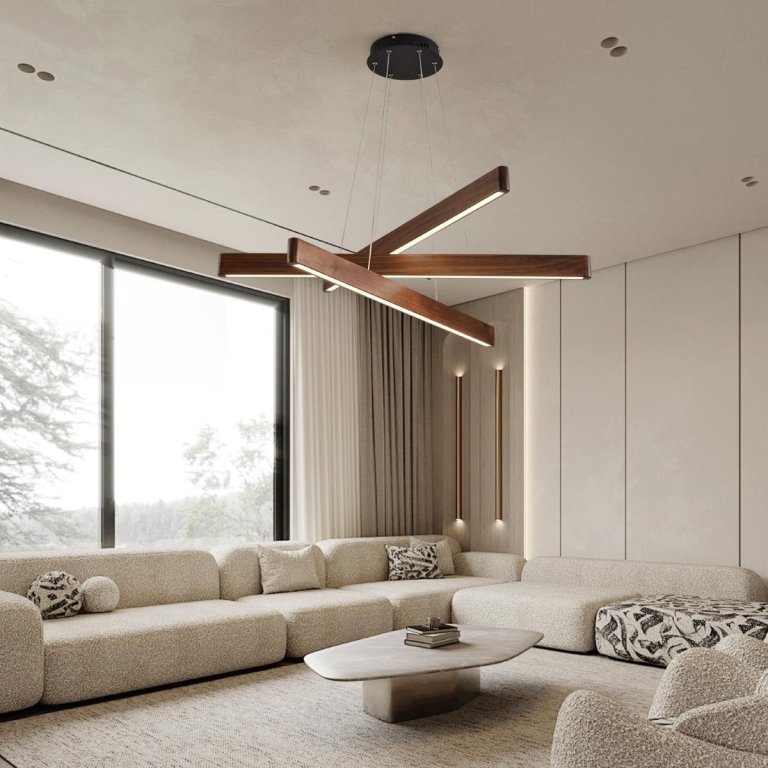 YISDESIGN 3-Light Linear Pendant,Dining Room Light Fixture,Modern Led Chandeliers for Living Room,Dimmable Wood Ceiling Pendant Light,45W for Living Room,Dining Room,Kitchen Island,Walnut Color