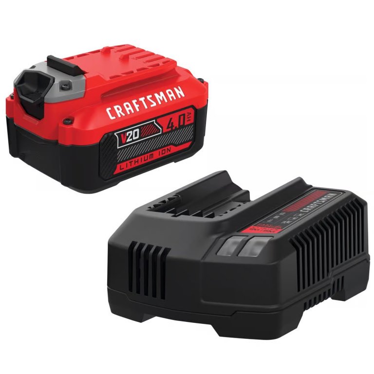 Craftsman V20 4 Ah Battery and Charger on a white background