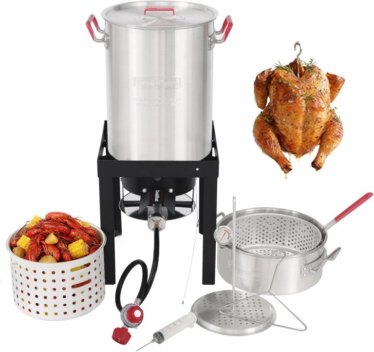 CreoleFeast 30 QT Turkey Fryer on a white background with a turkey