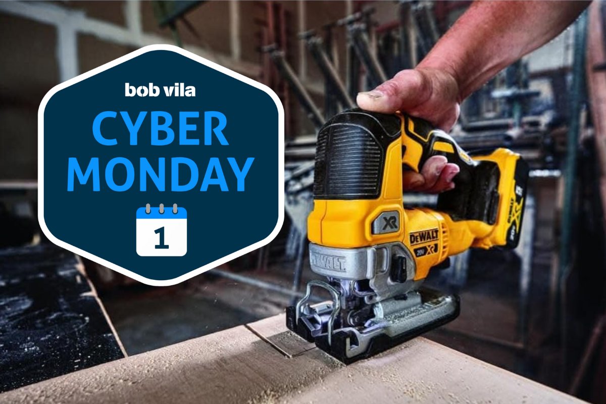 DeWalt jig saw being used on a wooden table in a workshop