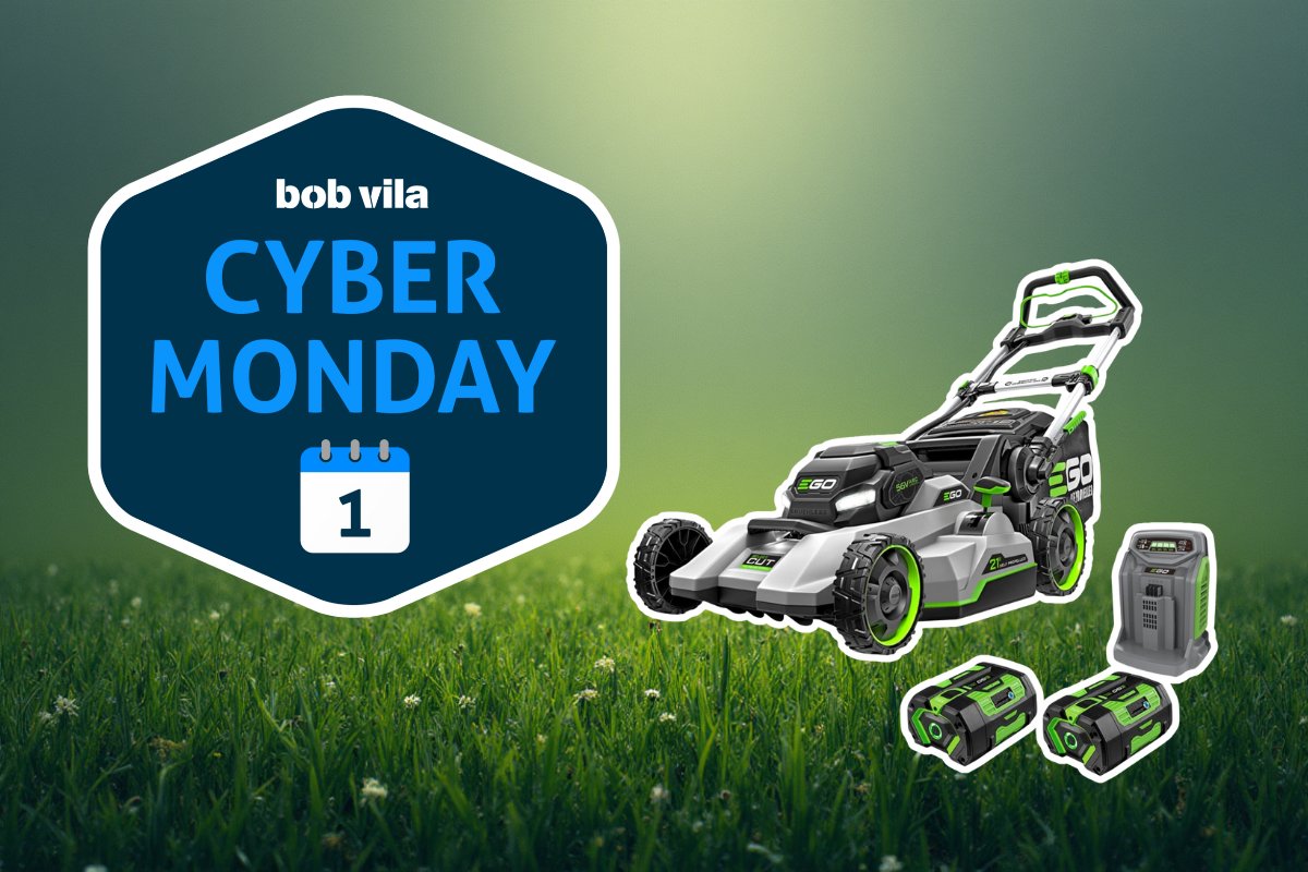 An Ego lawn mower, battery and charger on a grassy green background