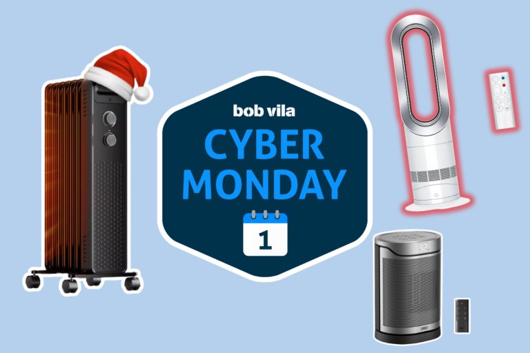 Three space heaters and two remote controls on a blue background