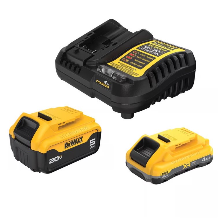 Two DeWalt batteries and a charger on a white background