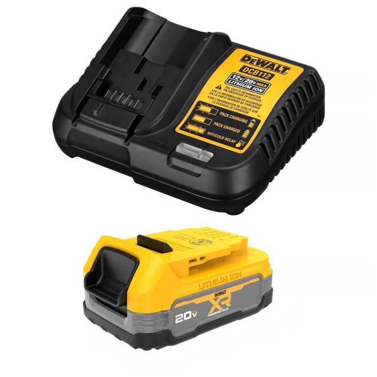DeWalt battery and charger on a white background