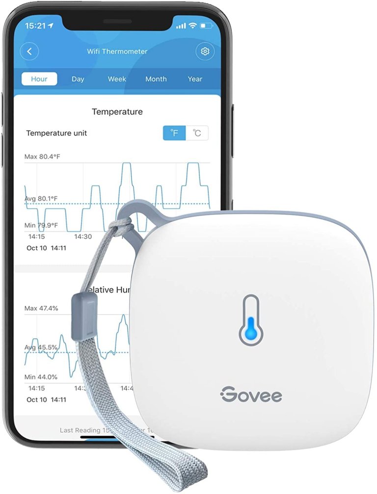 Govee WiFi Hygrometer and a smartphone on a white background