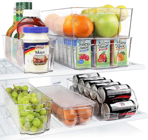 Greenco refrigerator storage bins, set of 6, filled with juice boxes, fruit, and other foods.