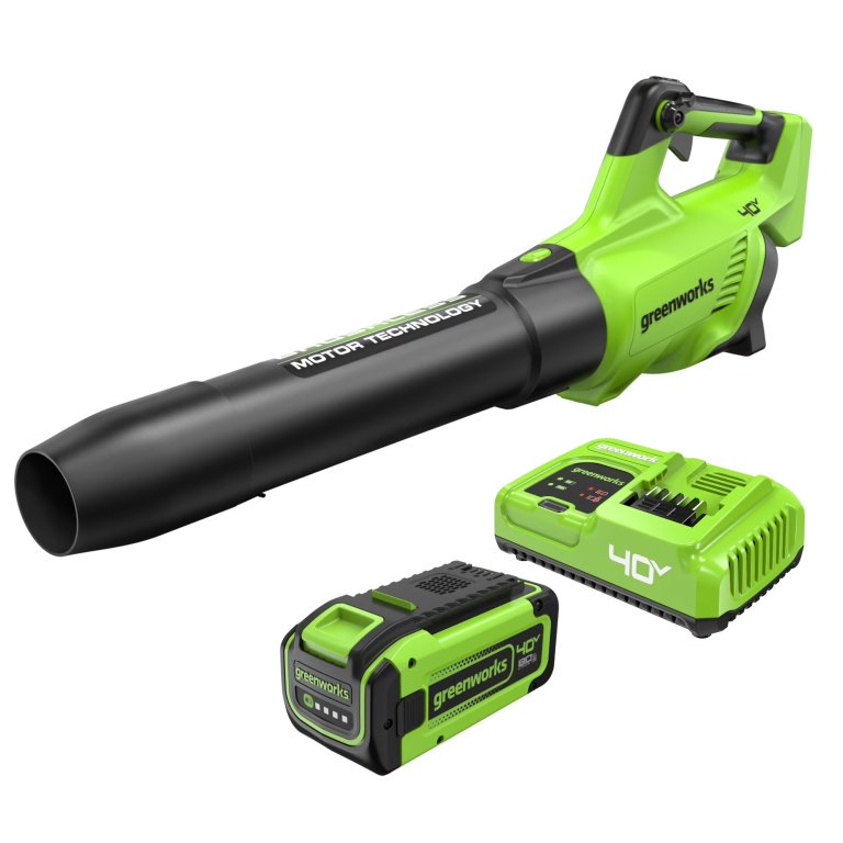Greenworks 40V TruBrushless Axial Blower, battery and charger on a white background Amazon is Slashing Prices on Greenworks Tools Ahead of Black Friday—Up to 50% Off