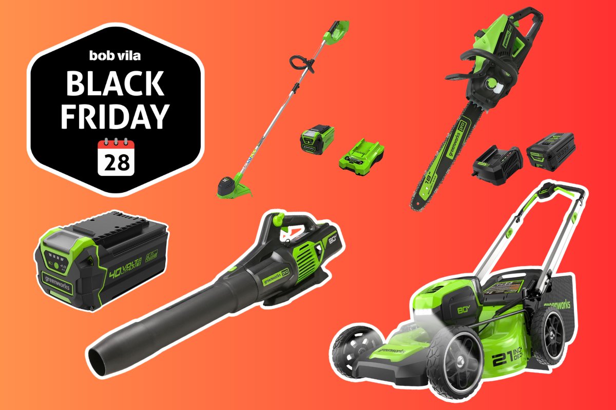 Greenworks tools on an orange background