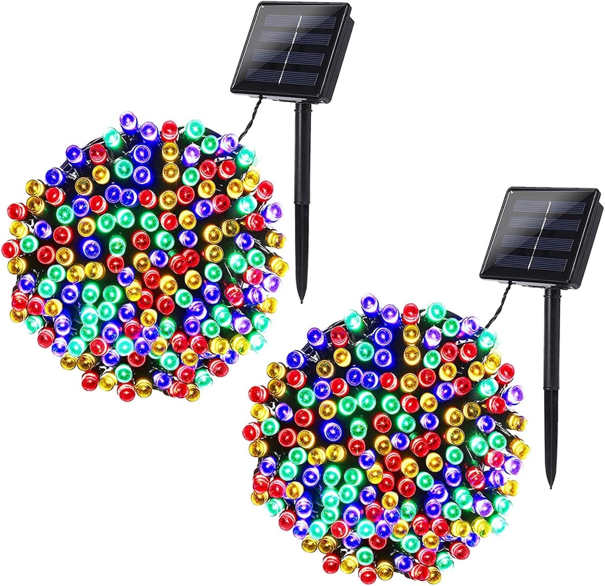 Two balls of Joomer solar Christmas lights attached to solar panels
