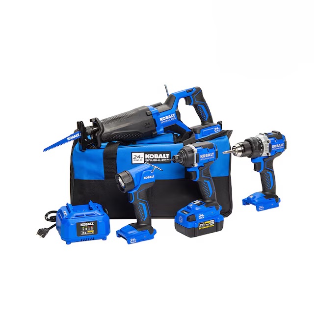 Kobalt power tools, a battery and a carry bag on a white background