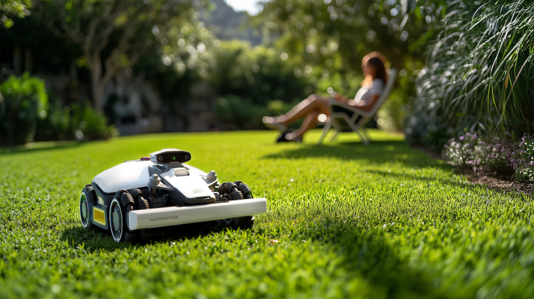 The LUBA mini robot mower from Mammotion on a suburban lawn while homeowner lounges in the background.