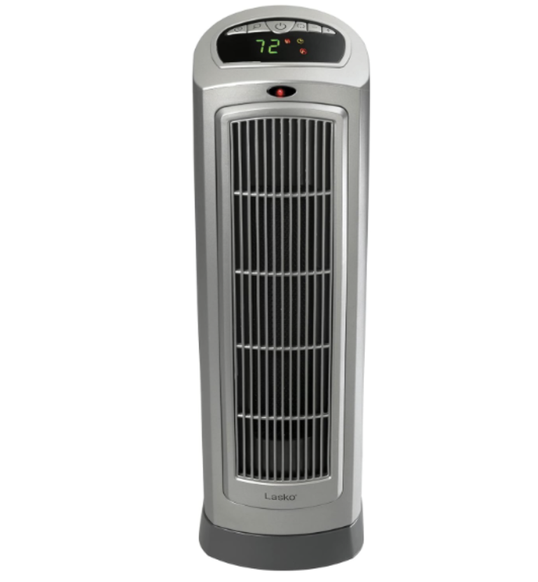 Lasko Oscillating Digital Ceramic Tower Heater for Home with Adjustable Thermostat, Timer and Remote Control, 23 Inches, 1500W, Silver, 755320