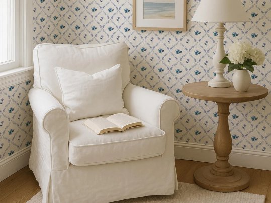 Living Space with Vintage Floral Peel and Stick Wallpaper White & Blue Cottagecore by Etsy shop WallpaperTailor