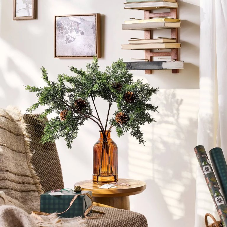 Faux evergreen stems and pinecones from Hearth & Hand with Magnolia at Target.