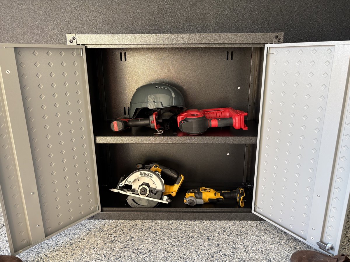 Manhattan garage cabinet open and filled