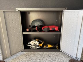 Manhattan garage cabinet open and filled