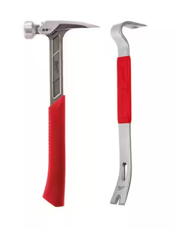 A Milwaukee hammer and prybar on a white background