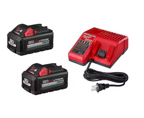 Two Milwaukee 6Ah batteries and a charger on a white background