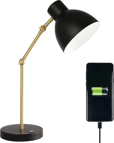 Ottlite Adapt LED lamp with smartphone on a white background.