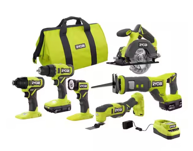 Several Ryobi tools, charger and bag on a white background