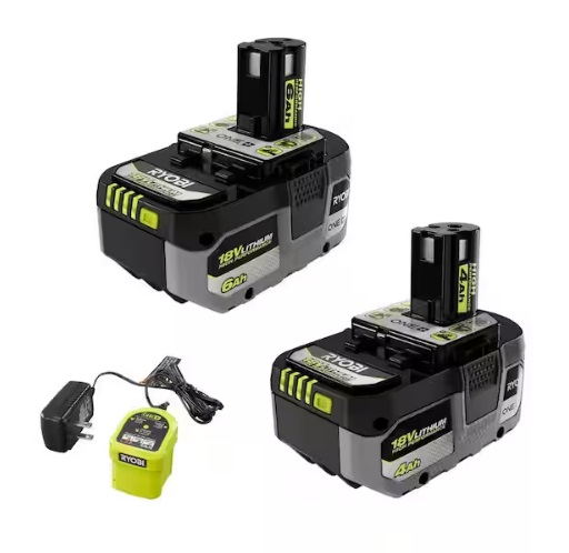 Two Ryobi batteries and a charger on a white background