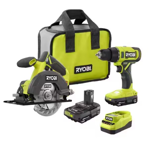 Ryobi bag, drill, saw, battery and charger on a white background