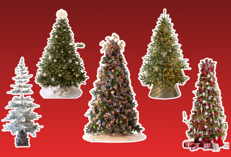 5 Balsam Hill Christmas Trees on a Red Background