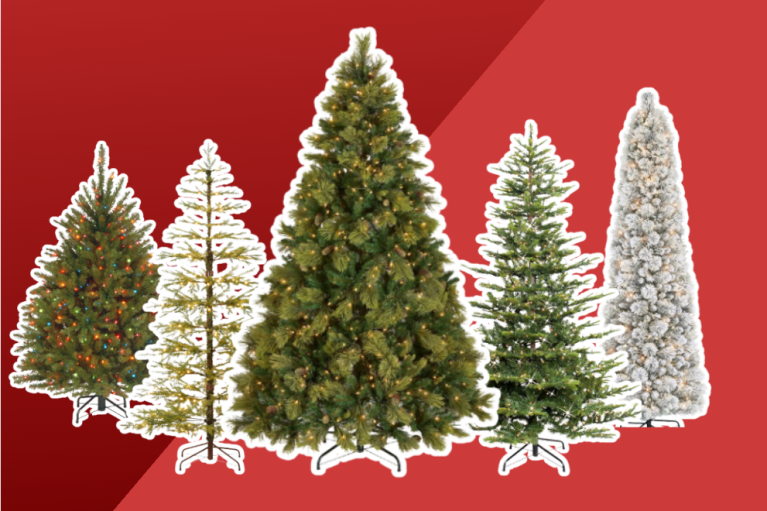5 of the Best artificial Christmas trees on a Amazon on a red background