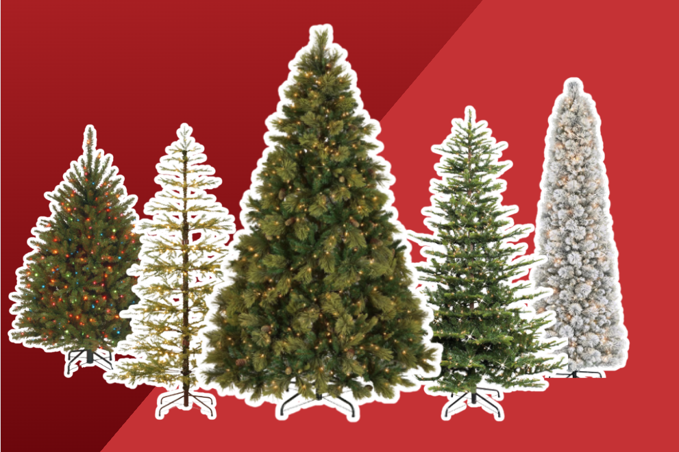5 of the Best artificial Christmas trees on a Amazon on a red background